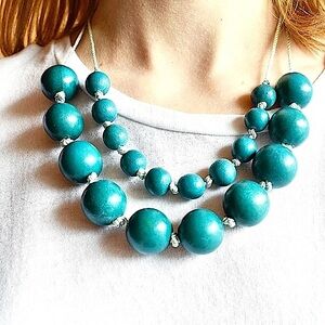 Xhilaration Teal Wooden Bead Necklace size 10” Long